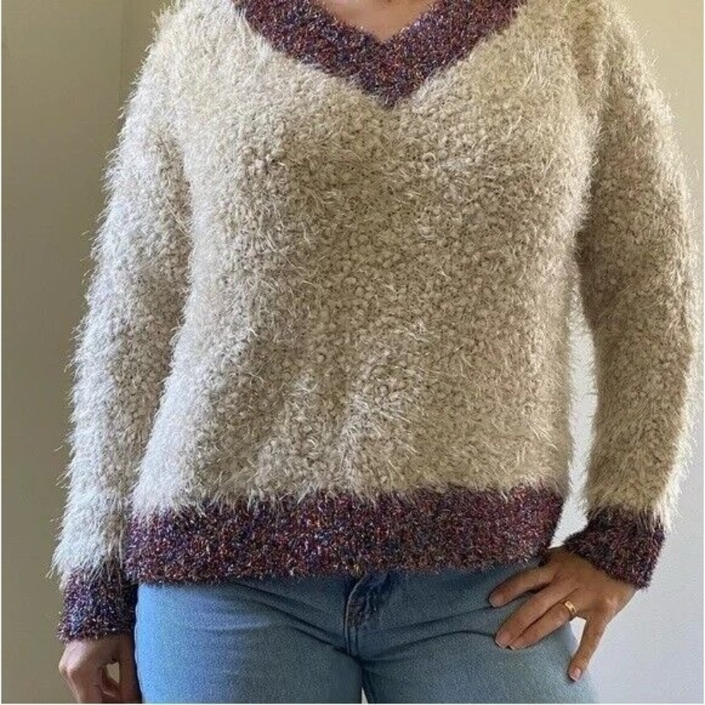 Prima Fluffy Eyelash Knit Boxy Ivory Sparkly V-Neck Long Sleeve Sweater Sz XXL